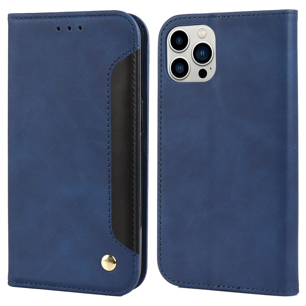 Folio Flip Skin-touch Feel Splicing Leather Phone Stand Cover with Metal Decoration for iPhone 13 Pro 6.1 inch - Blue-1