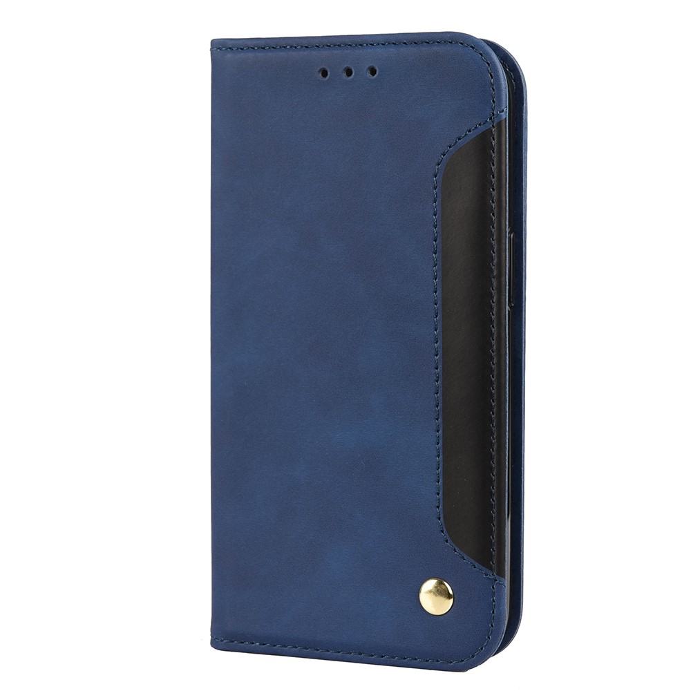 Folio Flip Skin-touch Feel Splicing Leather Phone Stand Cover with Metal Decoration for iPhone 13 Pro 6.1 inch - Blue-2