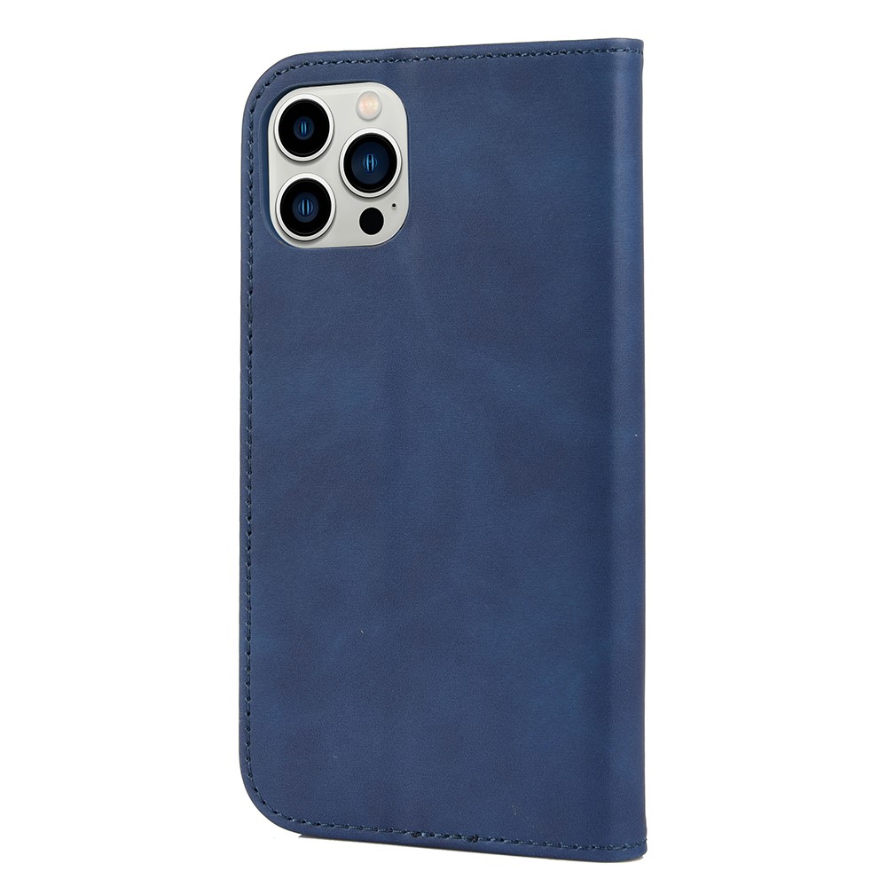 Folio Flip Skin-touch Feel Splicing Leather Phone Stand Cover with Metal Decoration for iPhone 13 Pro 6.1 inch - Blue-3