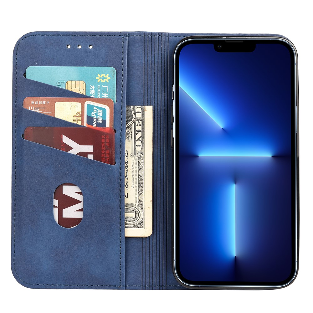 Folio Flip Skin-touch Feel Splicing Leather Phone Stand Cover with Metal Decoration for iPhone 13 Pro 6.1 inch - Blue-4