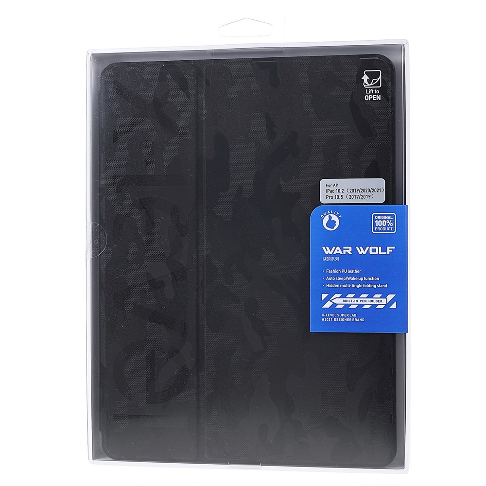 X-LEVEL War Wolf Series Camouflage Pattern PU Leather Stand Auto Sleep/Wake Cover with Pencil Holder for iPad 10.2 (2021)/(2020)/(2019) / Air 10.5 inch (2019) / iPad Pro 10.5-inch (2017) - Black-12