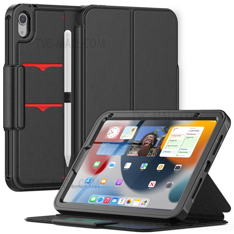 Viewing Stand PU Leather Wallet Auto Wake/Sleep Smart Tablet Protective Cover with Pen Holder for iPad mini (2021) - Black-1