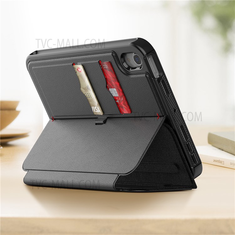 Viewing Stand PU Leather Wallet Auto Wake/Sleep Smart Tablet Protective Cover with Pen Holder for iPad mini (2021) - Black-3