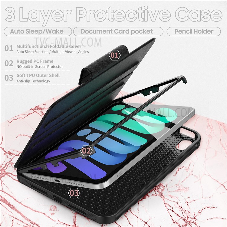 Viewing Stand PU Leather Wallet Auto Wake/Sleep Smart Tablet Protective Cover with Pen Holder for iPad mini (2021) - Black-4