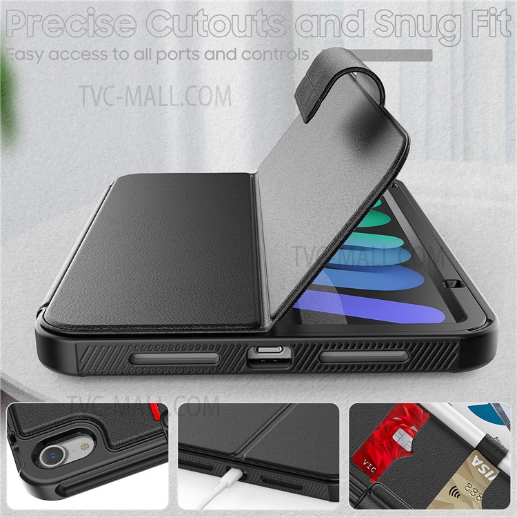 Viewing Stand PU Leather Wallet Auto Wake/Sleep Smart Tablet Protective Cover with Pen Holder for iPad mini (2021) - Black-5