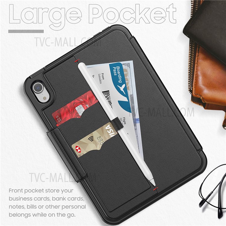 Viewing Stand PU Leather Wallet Auto Wake/Sleep Smart Tablet Protective Cover with Pen Holder for iPad mini (2021) - Black-6