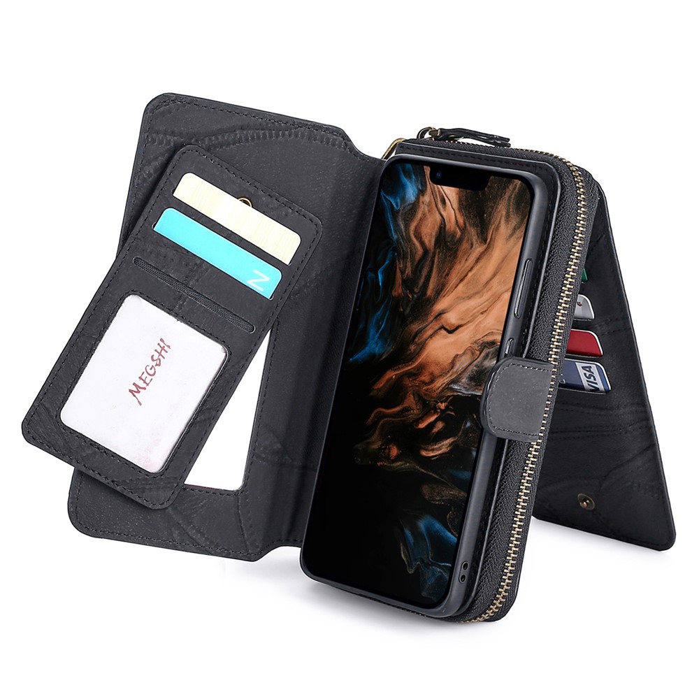 MEGSHI 004 Series Scratch Resistant Magnetic Detachable Stand Design Zipper Pocket Shockproof PU Leather TPU Wallet Cover for iPhone 13 Pro Max 6.7 inch - Black-1