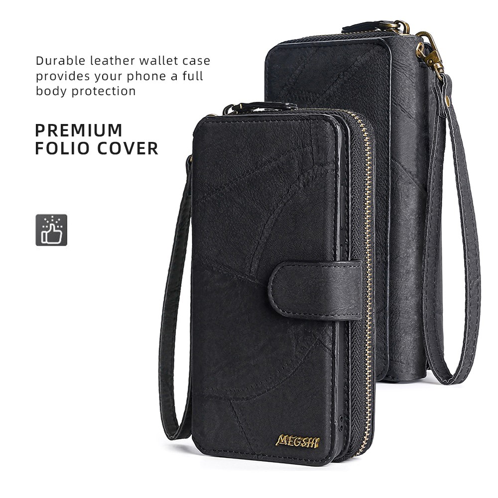 MEGSHI 004 Series Scratch Resistant Magnetic Detachable Stand Design Zipper Pocket Shockproof PU Leather TPU Wallet Cover for iPhone 13 Pro Max 6.7 inch - Black-2