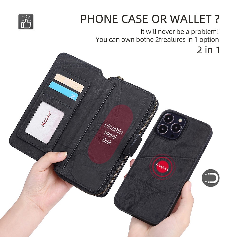 MEGSHI 004 Series Scratch Resistant Magnetic Detachable Stand Design Zipper Pocket Shockproof PU Leather TPU Wallet Cover for iPhone 13 Pro Max 6.7 inch - Black-4