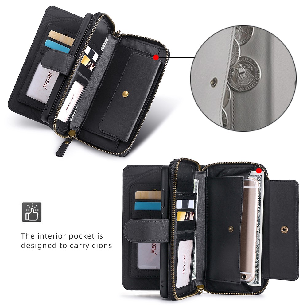 MEGSHI 004 Series Scratch Resistant Magnetic Detachable Stand Design Zipper Pocket Shockproof PU Leather TPU Wallet Cover for iPhone 13 Pro Max 6.7 inch - Black-5