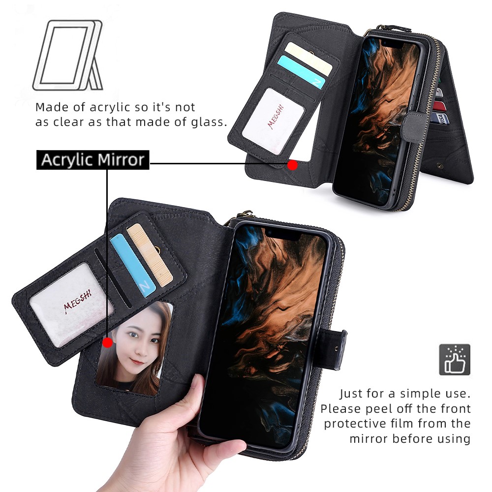 MEGSHI 004 Series Scratch Resistant Magnetic Detachable Stand Design Zipper Pocket Shockproof PU Leather TPU Wallet Cover for iPhone 13 Pro Max 6.7 inch - Black-6