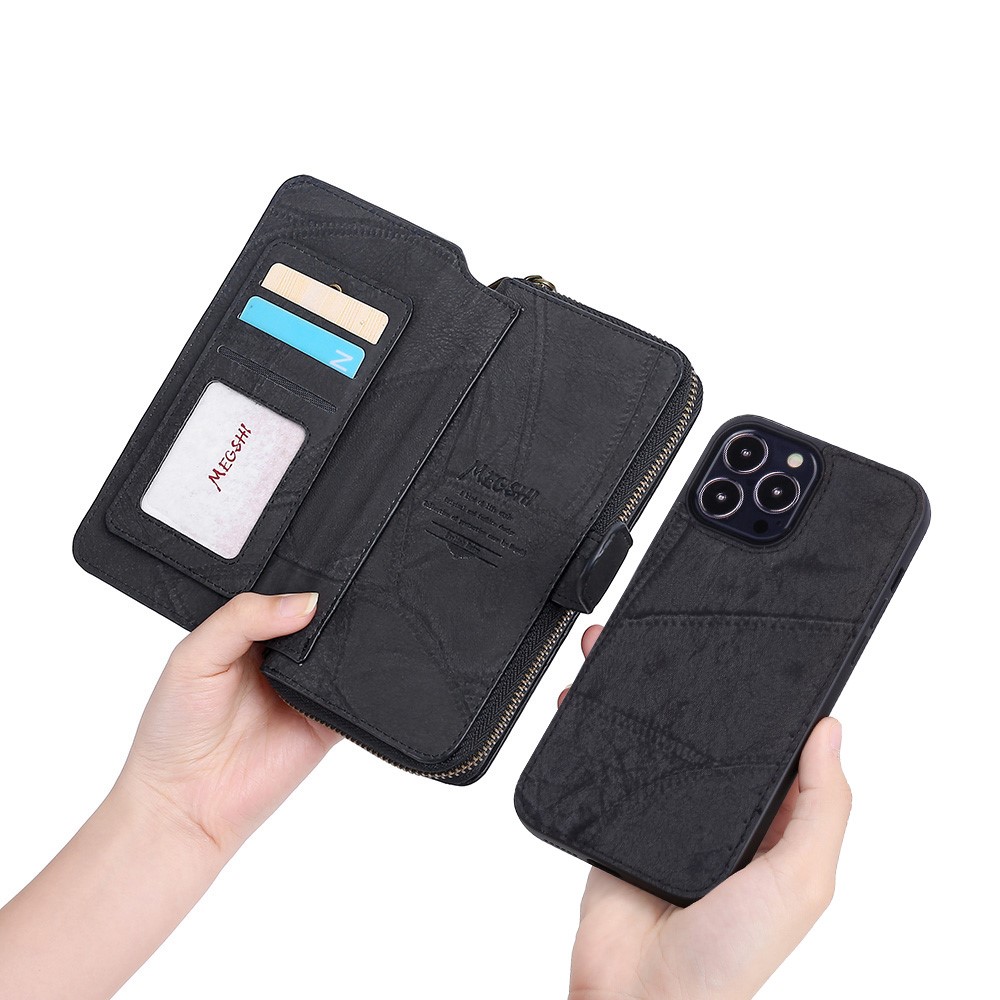 MEGSHI 004 Series Scratch Resistant Magnetic Detachable Stand Design Zipper Pocket Shockproof PU Leather TPU Wallet Cover for iPhone 13 Pro Max 6.7 inch - Black-9