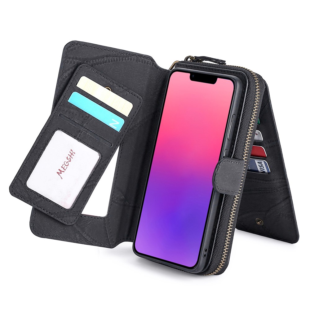 MEGSHI 004 Series Zipper Pocket Shockproof Detachable Stand Design PU Leather TPU Wallet Cover Flip Case for iPhone 13 mini 5.4 inch - Black-1