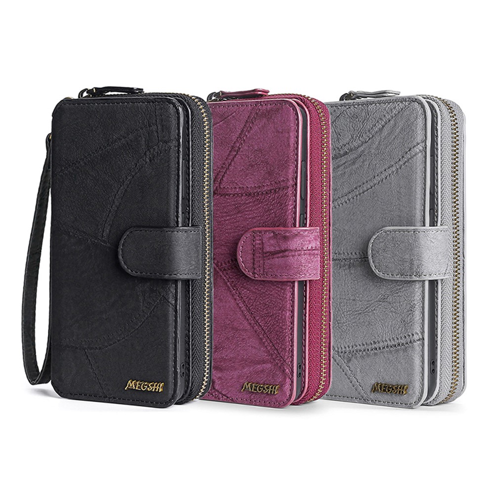 MEGSHI 004 Series Zipper Pocket Shockproof Detachable Stand Design PU Leather TPU Wallet Cover Flip Case for iPhone 13 mini 5.4 inch - Black-11