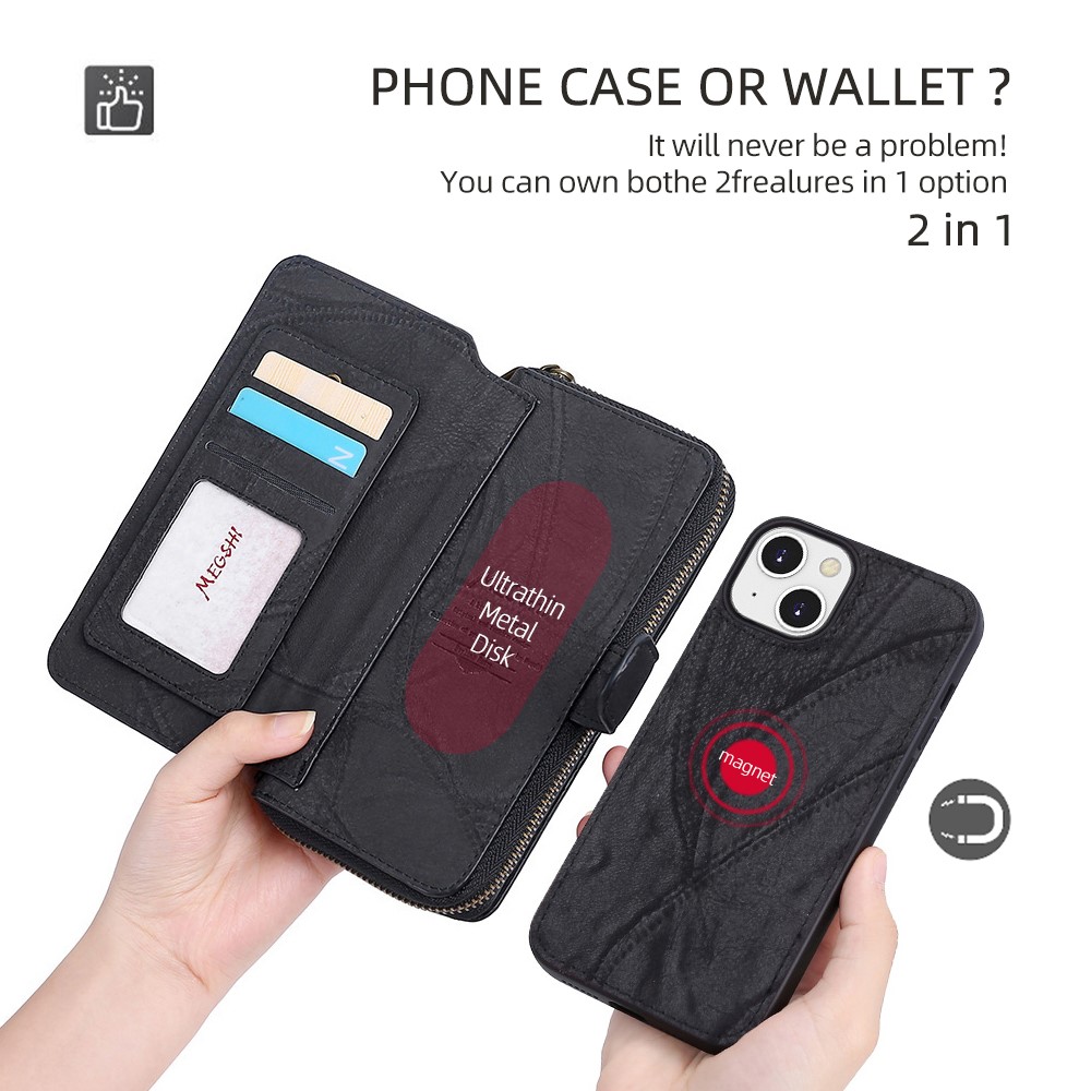 MEGSHI 004 Series Zipper Pocket Shockproof Detachable Stand Design PU Leather TPU Wallet Cover Flip Case for iPhone 13 mini 5.4 inch - Black-4