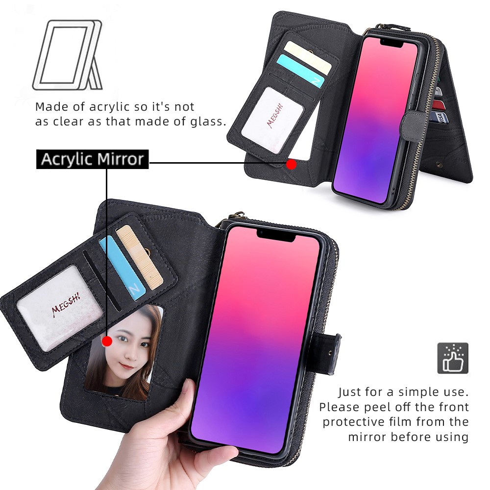 MEGSHI 004 Series Zipper Pocket Shockproof Detachable Stand Design PU Leather TPU Wallet Cover Flip Case for iPhone 13 mini 5.4 inch - Black-6