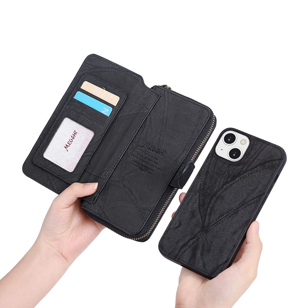 MEGSHI 004 Series Zipper Pocket Shockproof Detachable Stand Design PU Leather TPU Wallet Cover Flip Case for iPhone 13 mini 5.4 inch - Black-9