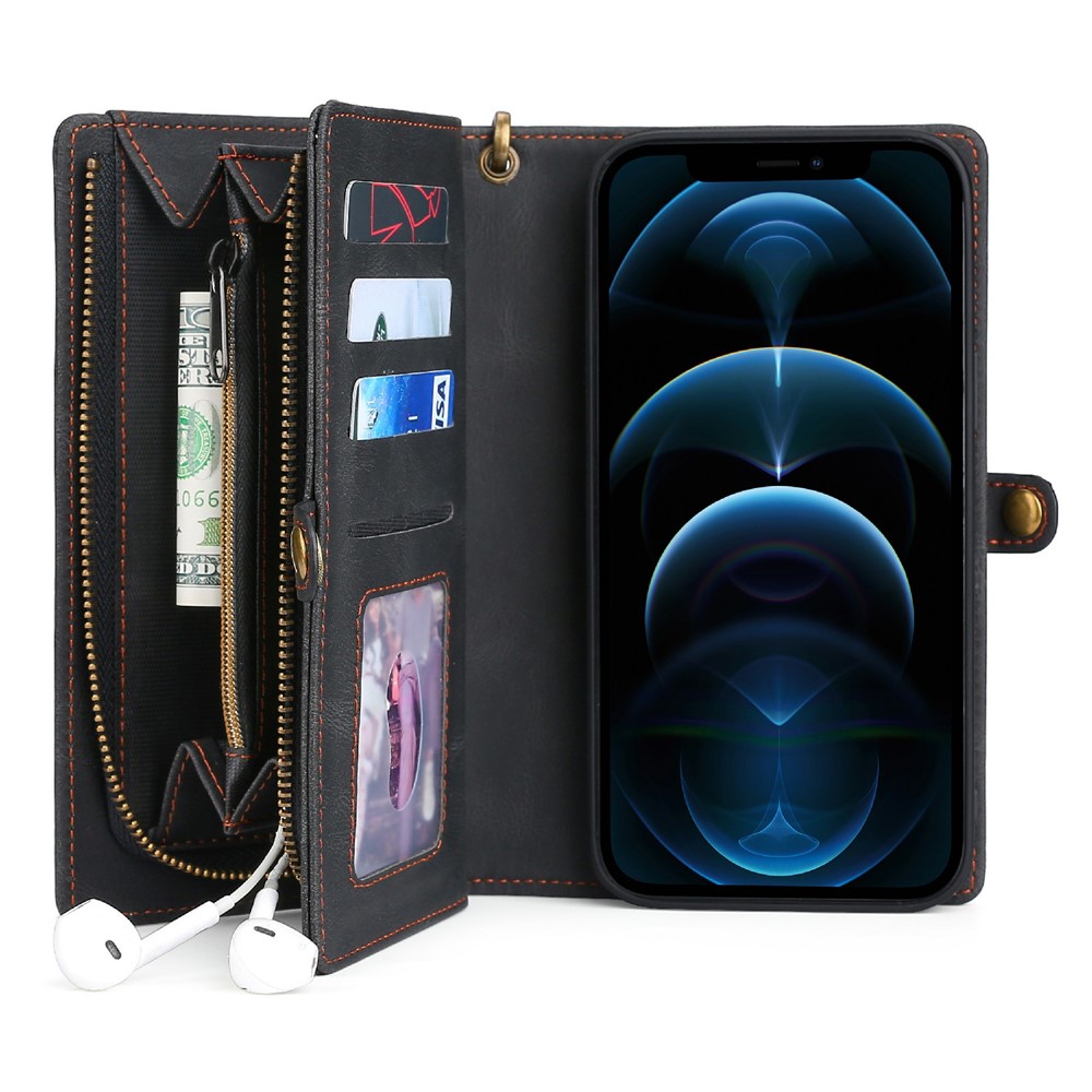 MEGSHI 017 Series Full Protection Magnetic Absorption Zipper Pocket Stand Design Detachable Leather Phone Case with Strap for iPhone 12 Pro Max 6.7 inch - Black-1