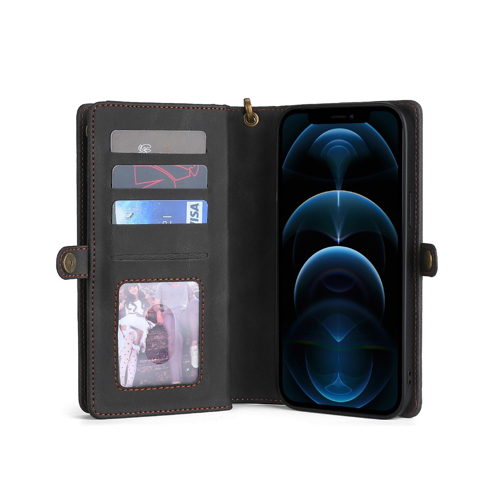 MEGSHI 017 Series Full Protection Magnetic Absorption Zipper Pocket Stand Design Detachable Leather Phone Case with Strap for iPhone 12 Pro Max 6.7 inch - Black-11