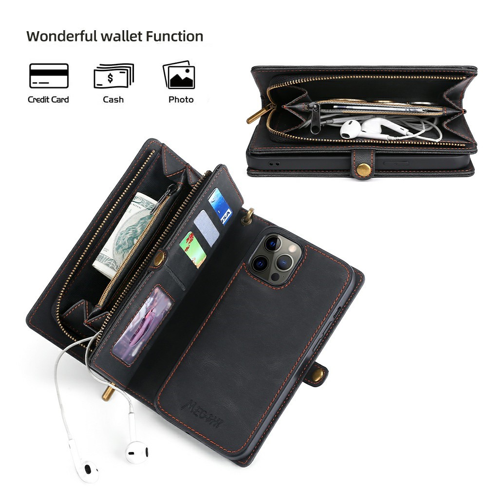 MEGSHI 017 Series Full Protection Magnetic Absorption Zipper Pocket Stand Design Detachable Leather Phone Case with Strap for iPhone 12 Pro Max 6.7 inch - Black-3