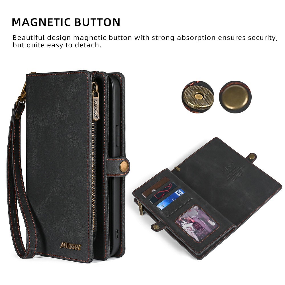 MEGSHI 017 Series Full Protection Magnetic Absorption Zipper Pocket Stand Design Detachable Leather Phone Case with Strap for iPhone 12 Pro Max 6.7 inch - Black-5