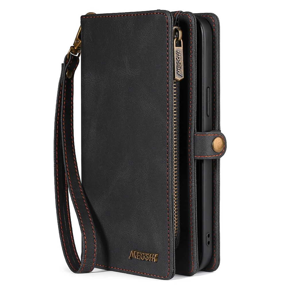 MEGSHI 017 Series Full Protection Magnetic Absorption Zipper Pocket Stand Design Detachable Leather Phone Case with Strap for iPhone 12 Pro Max 6.7 inch - Black-7