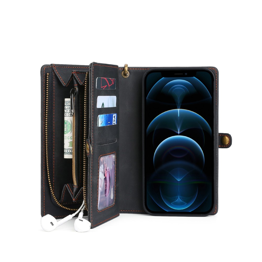 MEGSHI 017 Series Zipper Pocket Stand Multi-function Anti-fall Leather Cover Magnetic Absorption Detachable Phone Case for iPhone 12/12 Pro 6.1 inch - Black-1
