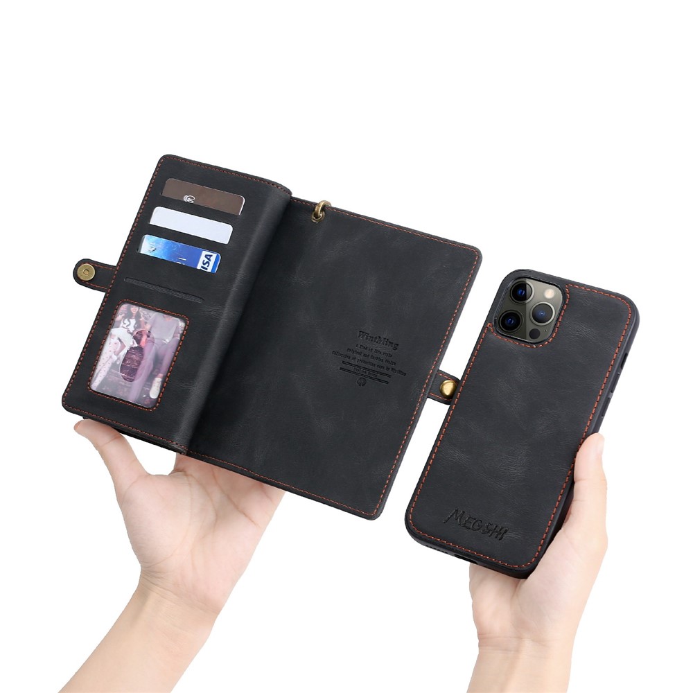 MEGSHI 017 Series Zipper Pocket Stand Multi-function Anti-fall Leather Cover Magnetic Absorption Detachable Phone Case for iPhone 12/12 Pro 6.1 inch - Black-12