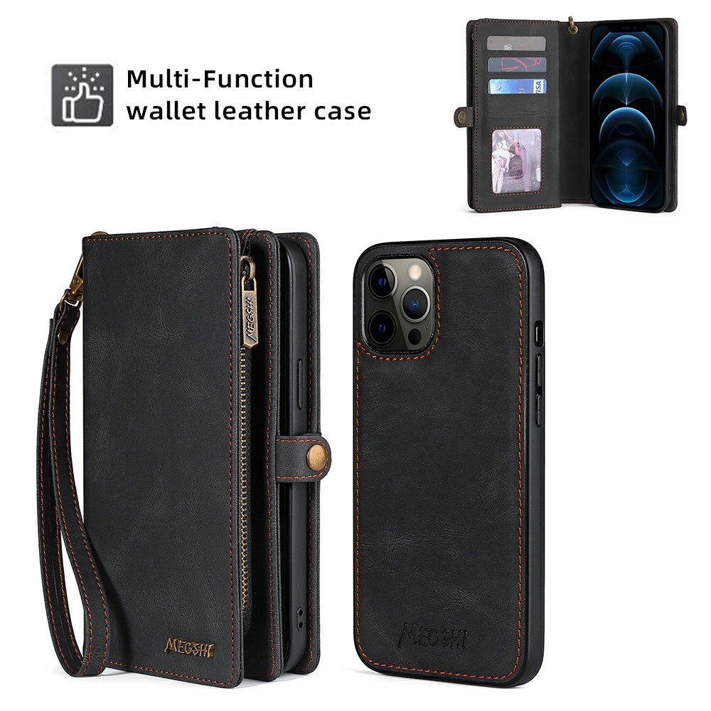 MEGSHI 017 Series Zipper Pocket Stand Multi-function Anti-fall Leather Cover Magnetic Absorption Detachable Phone Case for iPhone 12/12 Pro 6.1 inch - Black-2