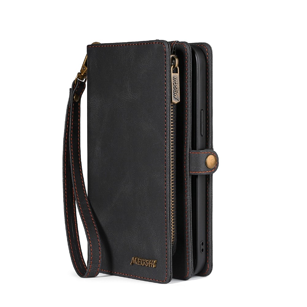 MEGSHI 017 Series Zipper Pocket Stand Multi-function Anti-fall Leather Cover Magnetic Absorption Detachable Phone Case for iPhone 12/12 Pro 6.1 inch - Black-7