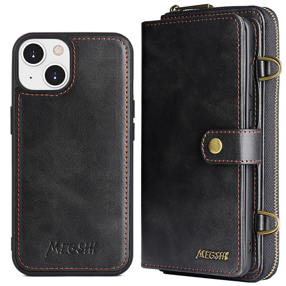MEGSHI 020 Series PU Leather+TPU Scratch-resistant Magnetic Detachable Design Shockproof Wallet Cover Shoulder Bag for iPhone 13 6.1 inch - Black-1