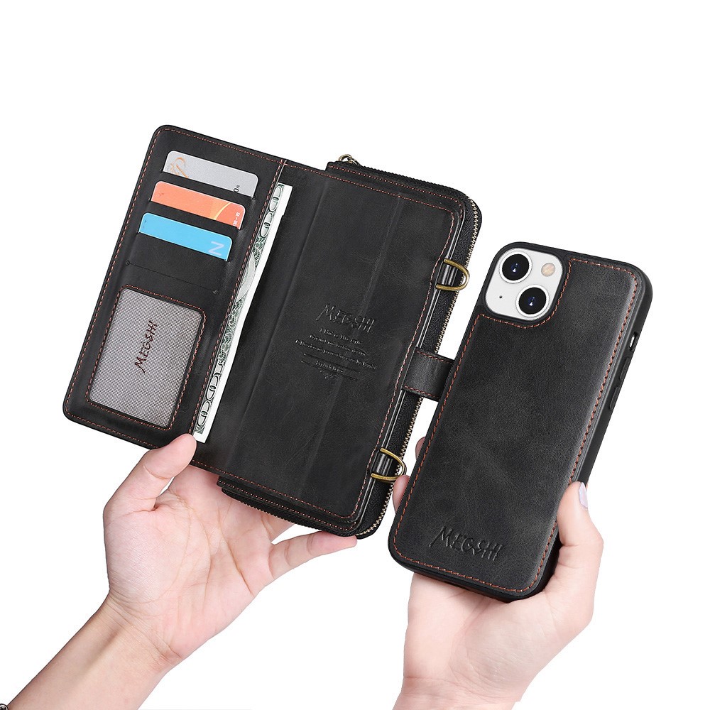 MEGSHI 020 Series PU Leather+TPU Scratch-resistant Magnetic Detachable Design Shockproof Wallet Cover Shoulder Bag for iPhone 13 6.1 inch - Black-3