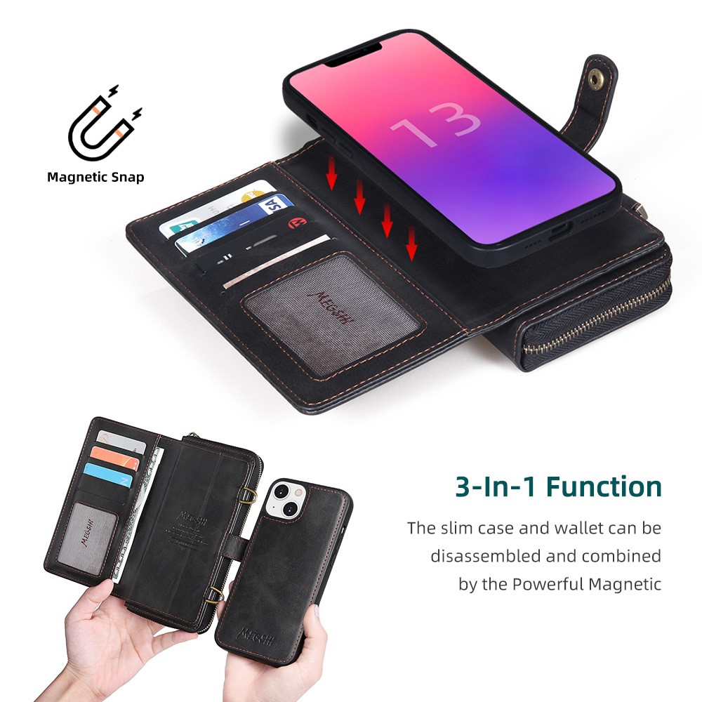 MEGSHI 020 Series PU Leather+TPU Scratch-resistant Magnetic Detachable Design Shockproof Wallet Cover Shoulder Bag for iPhone 13 6.1 inch - Black-4
