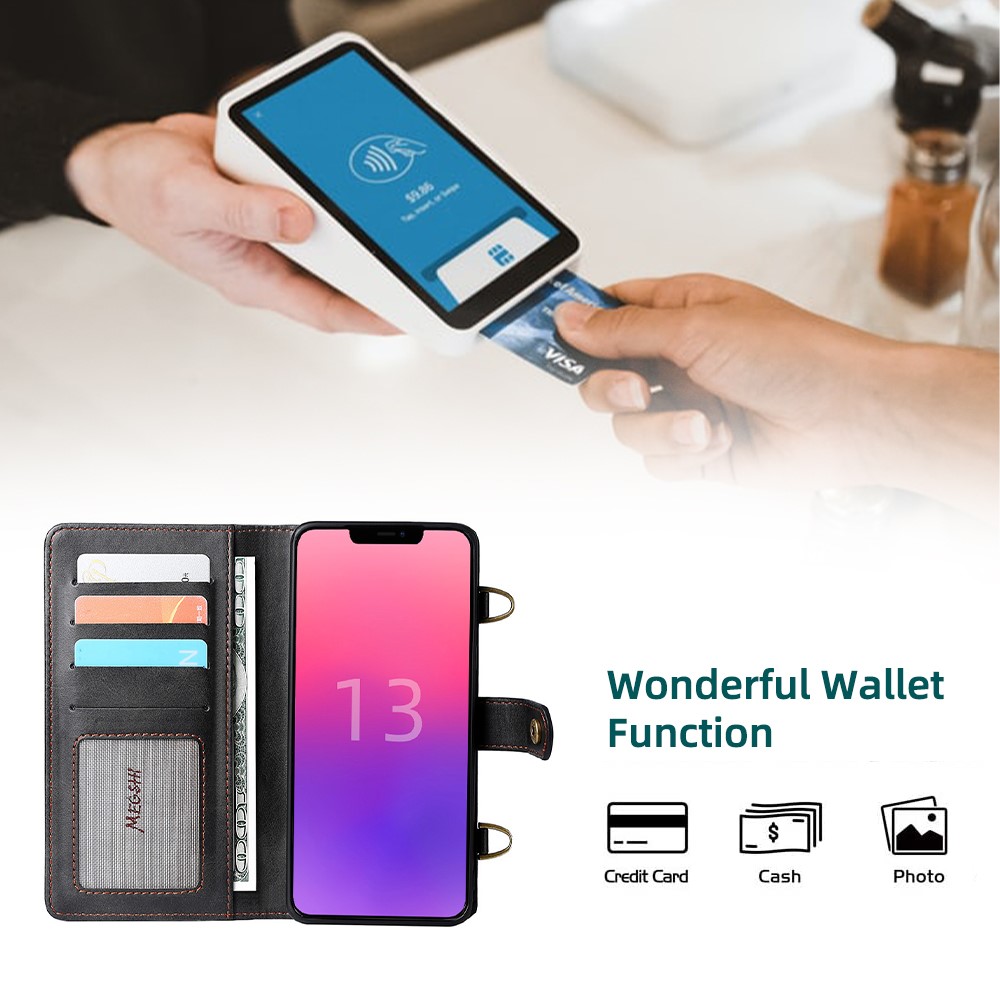 MEGSHI 020 Series PU Leather+TPU Scratch-resistant Magnetic Detachable Design Shockproof Wallet Cover Shoulder Bag for iPhone 13 6.1 inch - Black-6