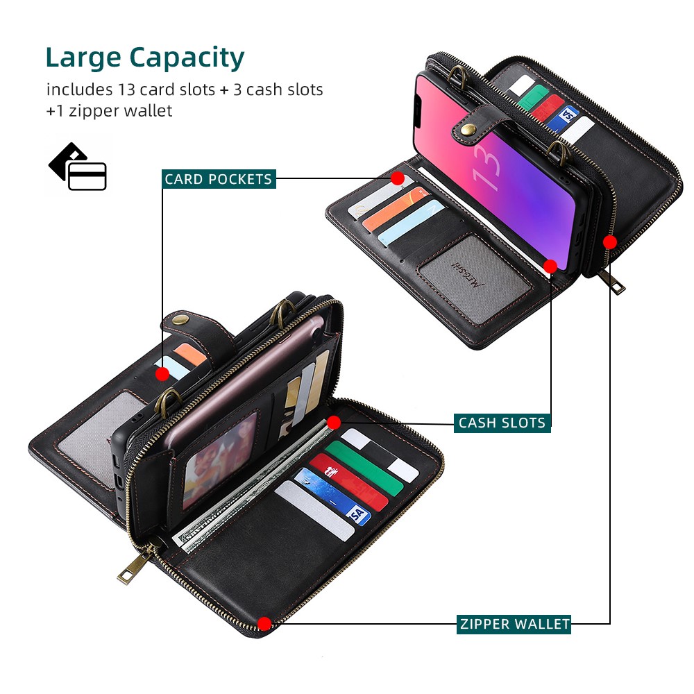 MEGSHI 020 Series PU Leather+TPU Scratch-resistant Magnetic Detachable Design Shockproof Wallet Cover Shoulder Bag for iPhone 13 6.1 inch - Black-7