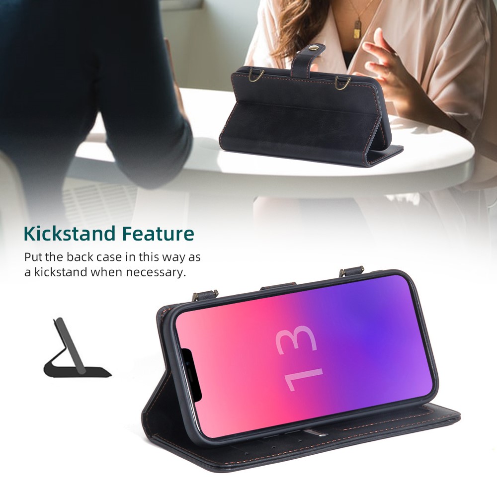 MEGSHI 020 Series PU Leather+TPU Scratch-resistant Magnetic Detachable Design Shockproof Wallet Cover Shoulder Bag for iPhone 13 6.1 inch - Black-8