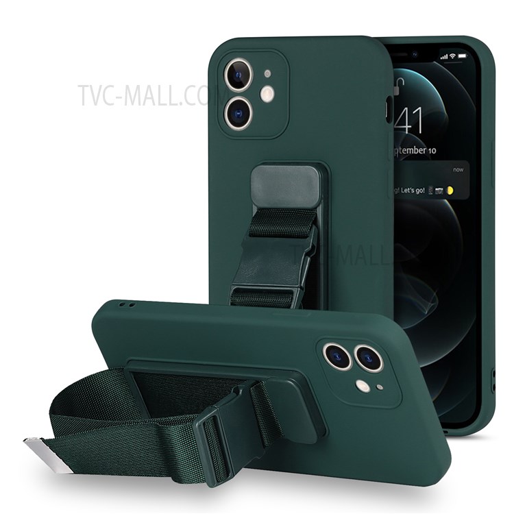 Phone Back Cover with Adjustable Wrist Strap Kickstand and Long Shoulder Strap High-quality Soft TPU Phone Case for iPhone 12 6.1 inch - Green-1