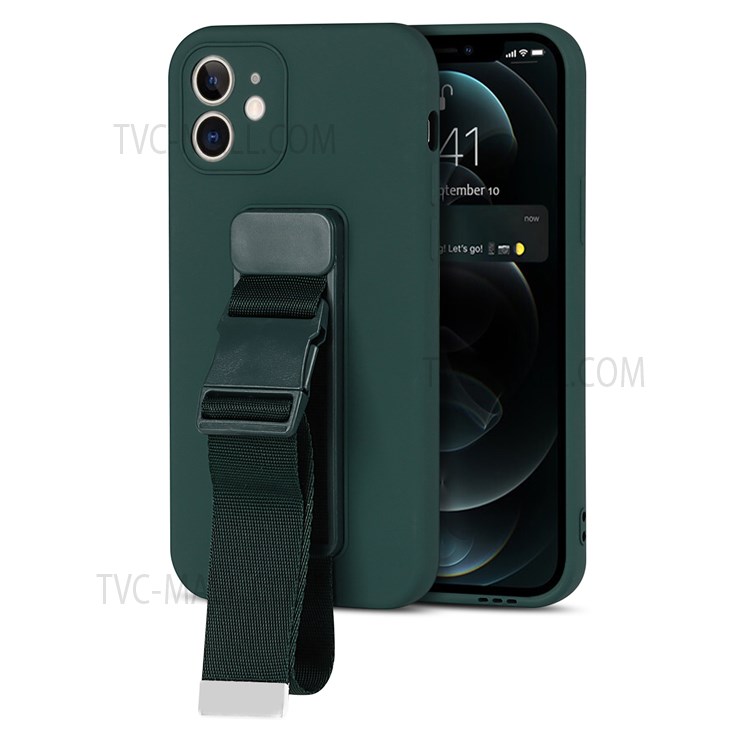Phone Back Cover with Adjustable Wrist Strap Kickstand and Long Shoulder Strap High-quality Soft TPU Phone Case for iPhone 12 6.1 inch - Green-2