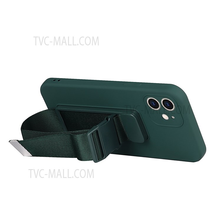 Phone Back Cover with Adjustable Wrist Strap Kickstand and Long Shoulder Strap High-quality Soft TPU Phone Case for iPhone 12 6.1 inch - Green-3