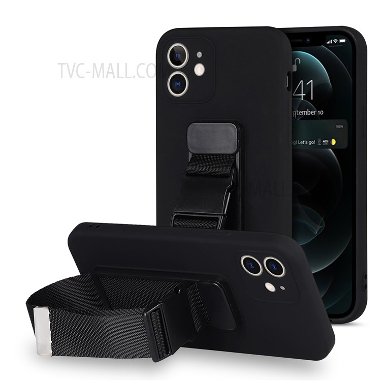 Precise Cutout Design Soft TPU Phone Case with Adjustable Wrist Strap Kickstand for iPhone 12 mini 5.4 inch - Black-1