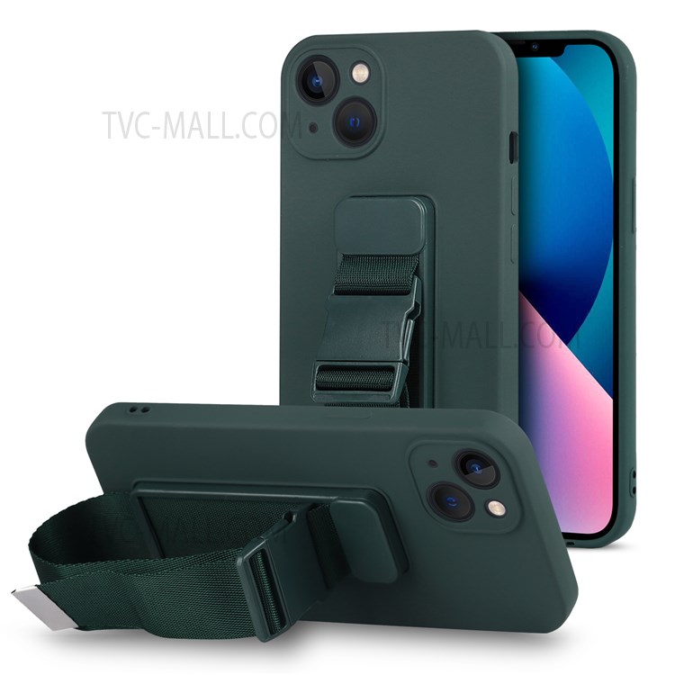 Mobile Phone Soft TPU Case with Adjustable Wrist Strap Kickstand for iPhone 13 mini 5.4 inch - Green-1