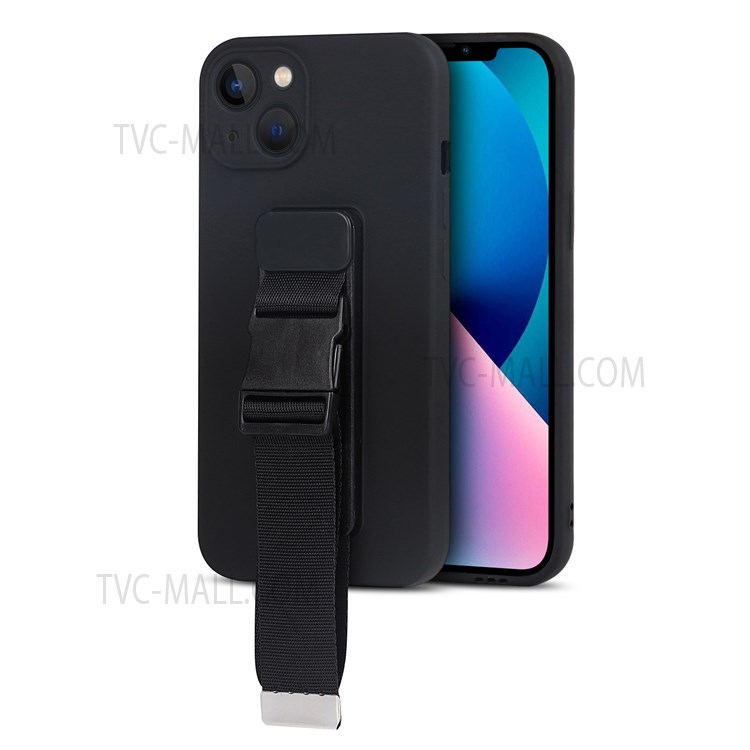 Shockproof Soft TPU Phone Case with Adjustable Wrist Strap Kickstand for iPhone 13 6.1 inch - Black-2