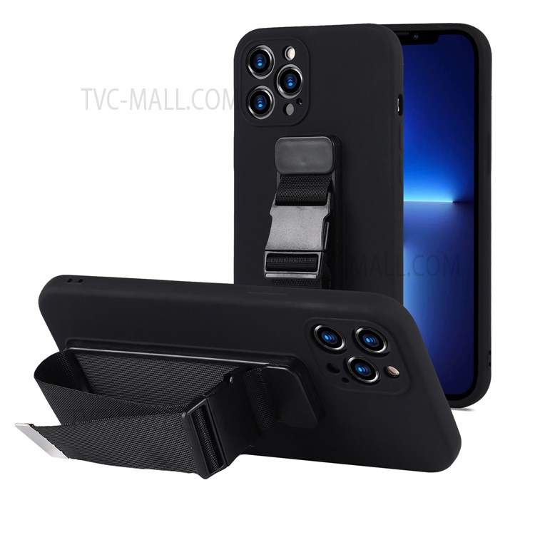 Drop-proof Soft TPU Phone Case with Adjustable Wrist Strap Kickstand for iPhone 13 Pro 6.1 inch - Black-1