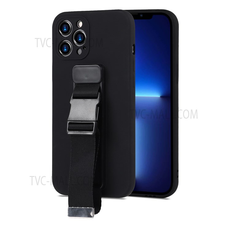 Drop-proof Soft TPU Phone Case with Adjustable Wrist Strap Kickstand for iPhone 13 Pro 6.1 inch - Black-2