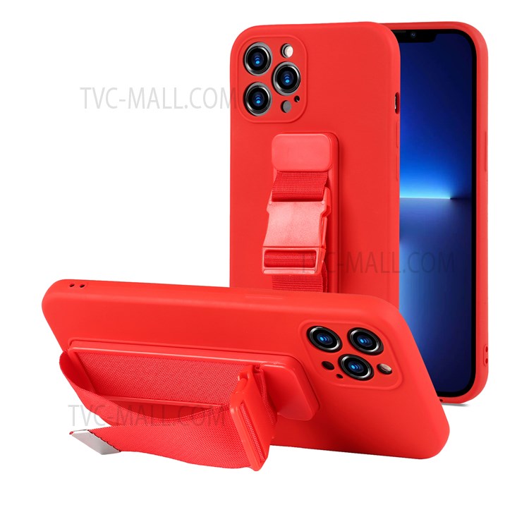 Anti-fall Protection Soft TPU Case with Adjustable Wrist Strap Kickstand for iPhone 13 Pro Max 6.7 inch - Red-1
