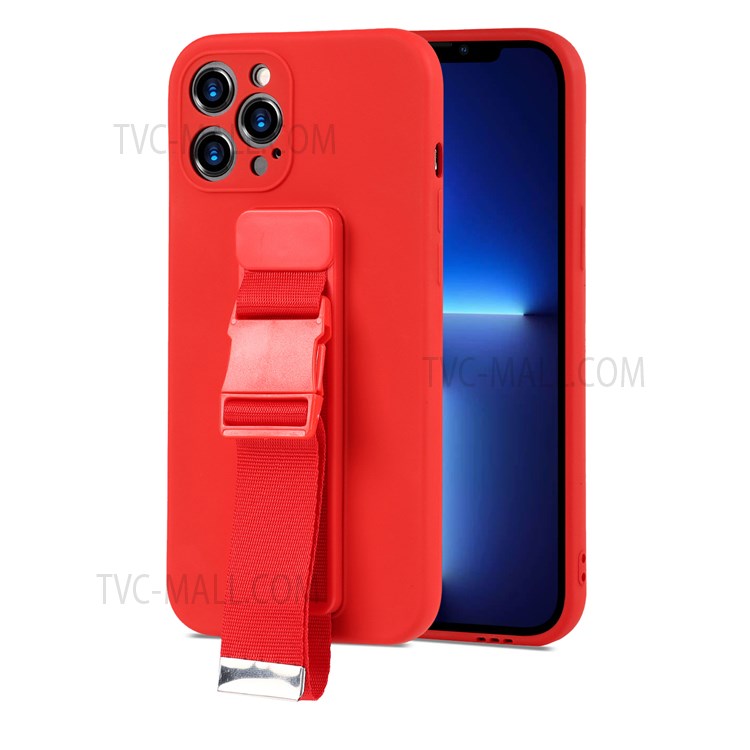 Anti-fall Protection Soft TPU Case with Adjustable Wrist Strap Kickstand for iPhone 13 Pro Max 6.7 inch - Red-2