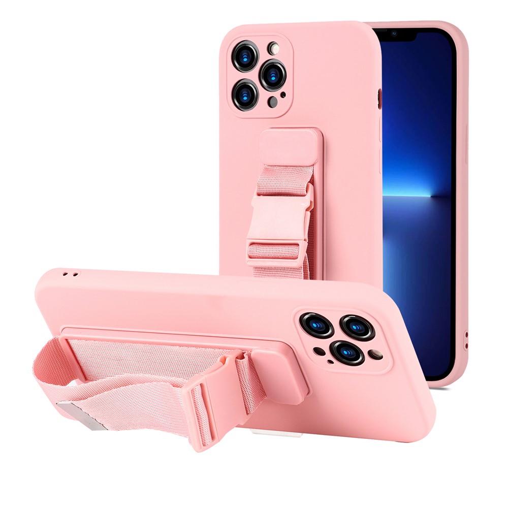 Shockproof Soft TPU Phone Case with Adjustable Wrist Strap Kickstand and Long Shoulder Strap for iPhone 13 Pro Max 6.7 inch - Pink-1