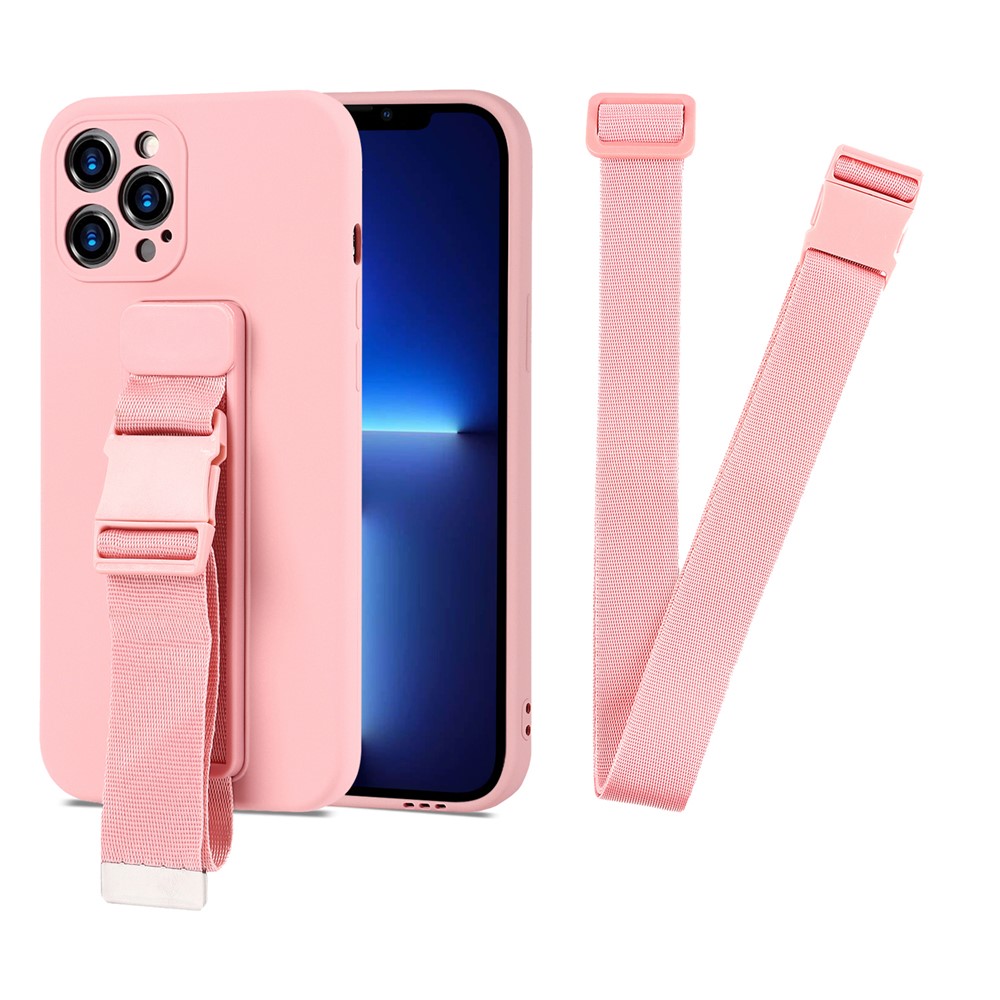Shockproof Soft TPU Phone Case with Adjustable Wrist Strap Kickstand and Long Shoulder Strap for iPhone 13 Pro Max 6.7 inch - Pink-2