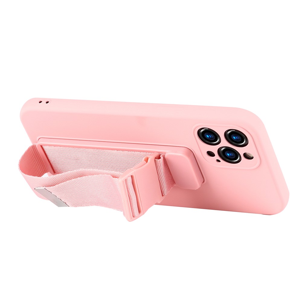 Shockproof Soft TPU Phone Case with Adjustable Wrist Strap Kickstand and Long Shoulder Strap for iPhone 13 Pro Max 6.7 inch - Pink-3