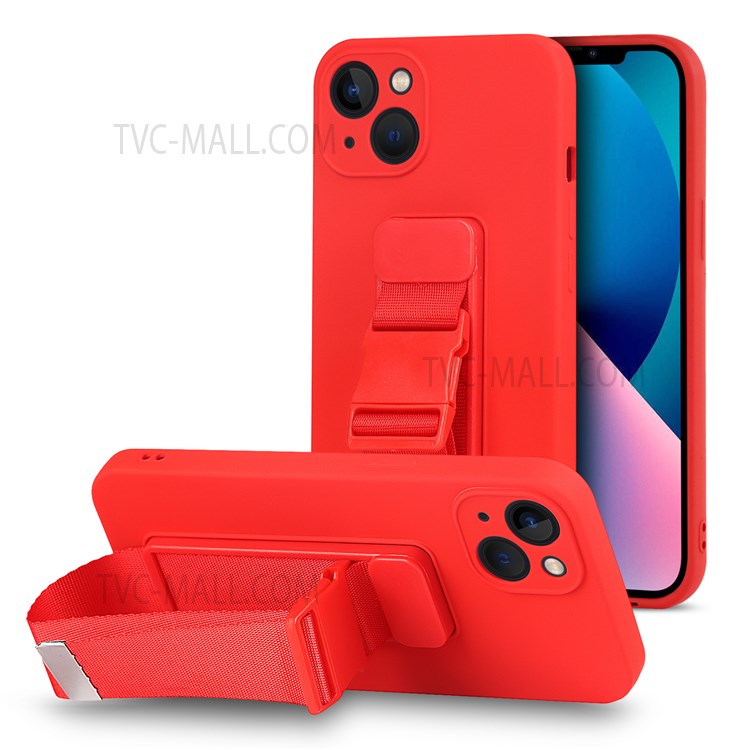 Lightweight Phone Cover Flexible TPU Phone Case with Adjustable Wrist Strap Kickstand and Long Shoulder Strap for iPhone 13 6.1 inch - Red-1